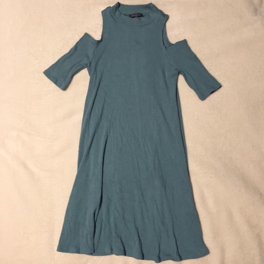Teal Blue Cold Shoulder Cut Out Ribbed Mini Dress